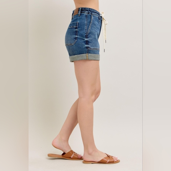 Judy Blue HR Dark Wash Tie Waist Patch Pocket Cuffed Denim Jogger Shorts NEW - Picture 6 of 16